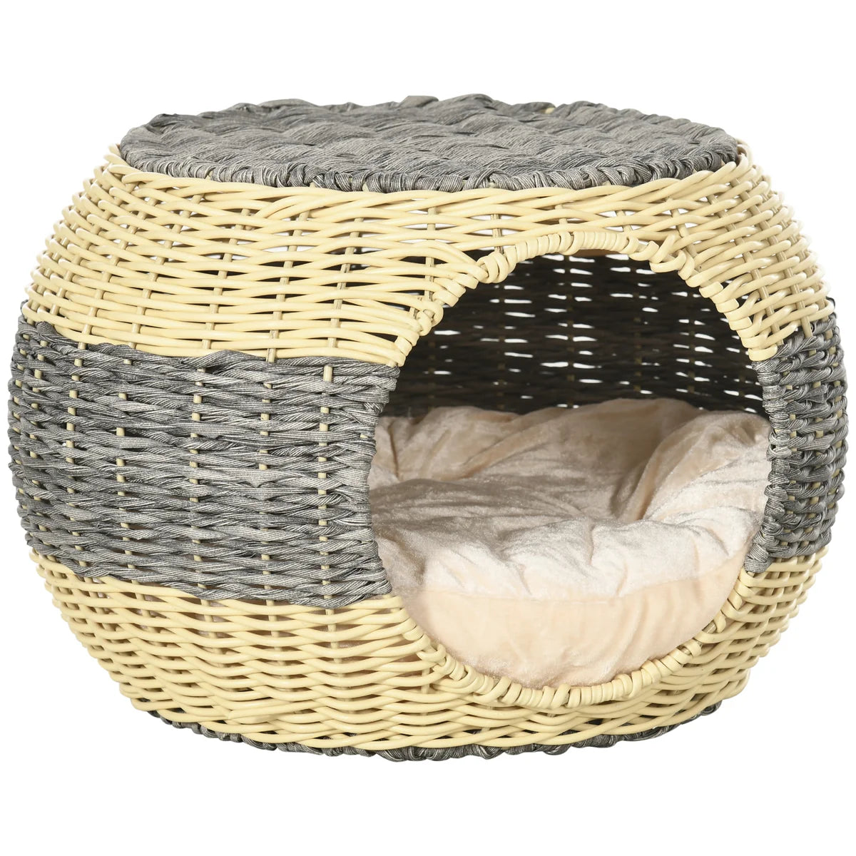Wicker Raised Cat House with Washable Cushion – Beige & Grey | 40 × 30cm