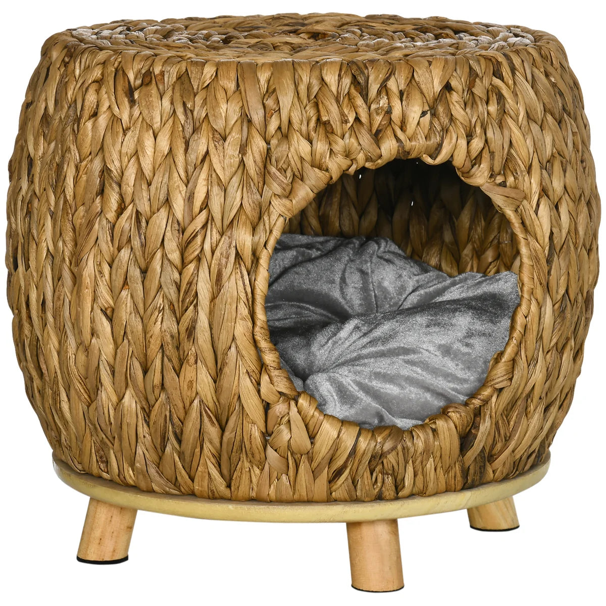 Wicker Cat Cave & Stool with Washable Cushion – Light Brown | 44 × 43 × 41cm