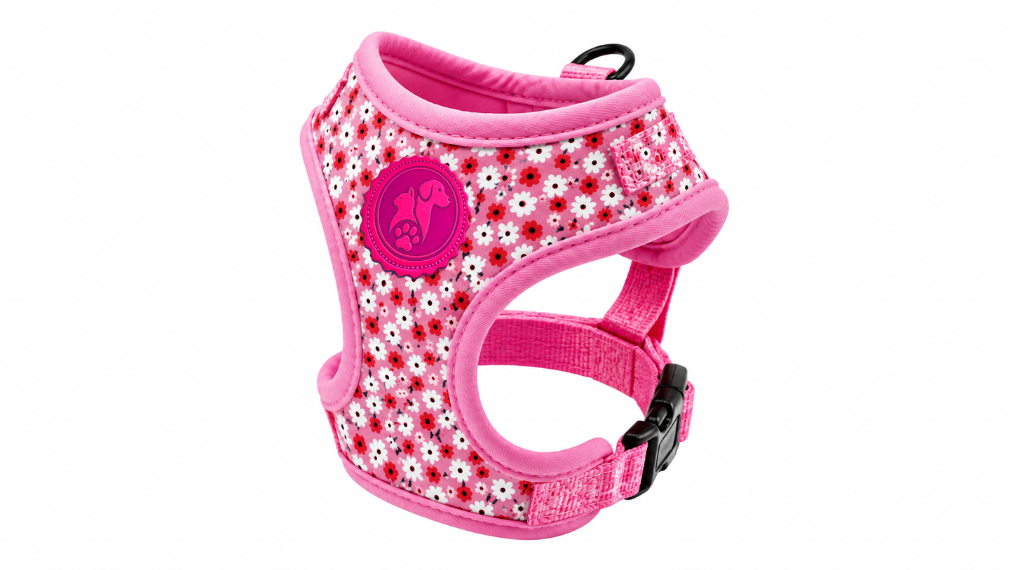 Pink Floral Dog Harness Vest – Adjustable & Breathable