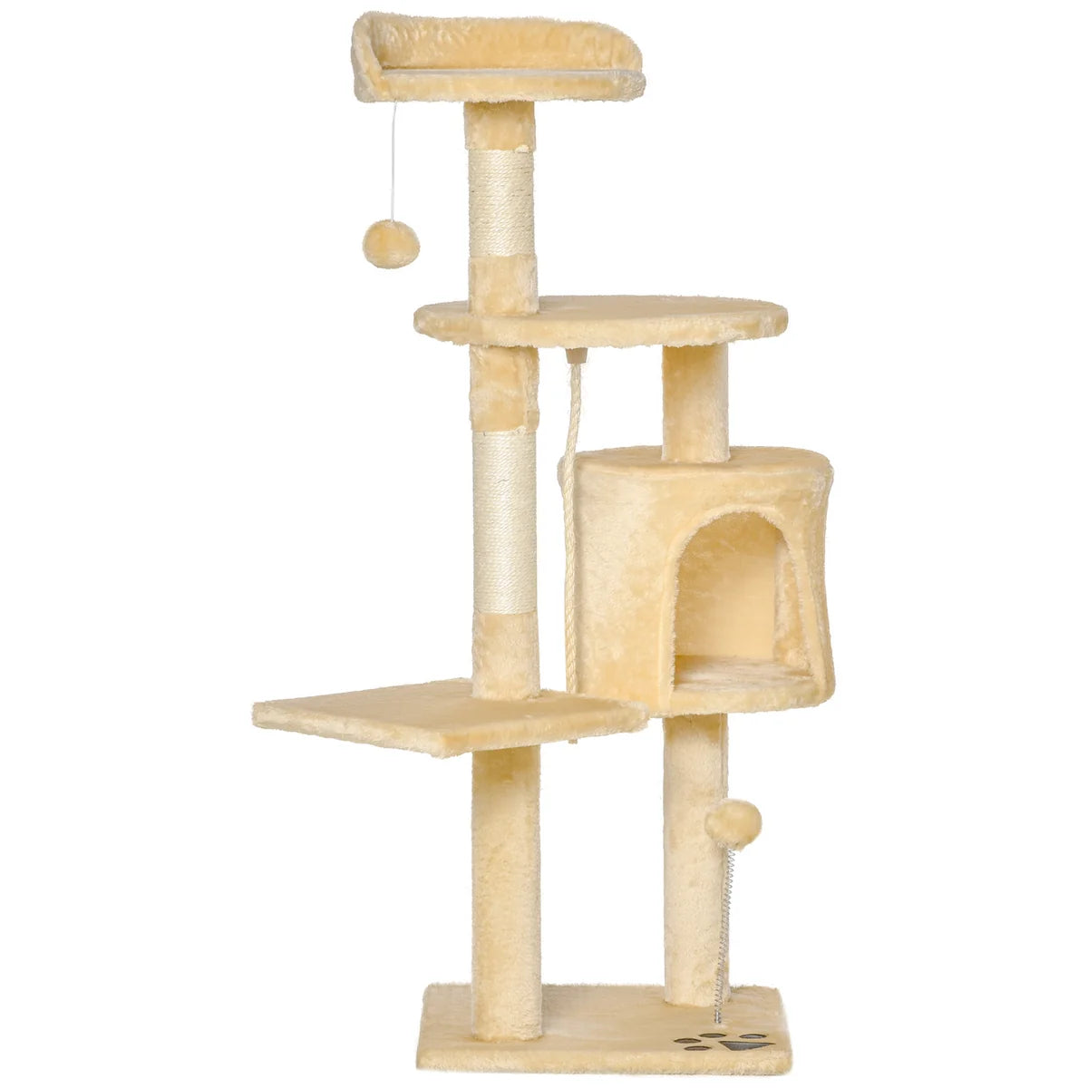 Cat Tree House 114cm with Condo, Perches & Scratching Posts – Beige