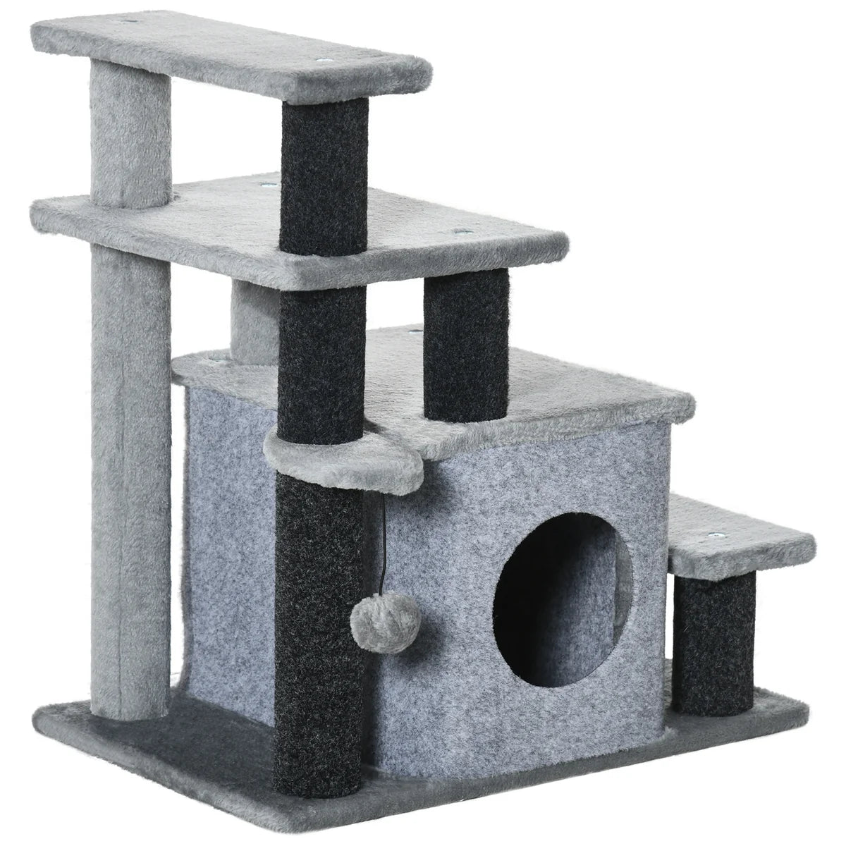 Adjustable Height 3–4 Step Cat Stairs with Detachable Cover & Hanging Ball – Grey