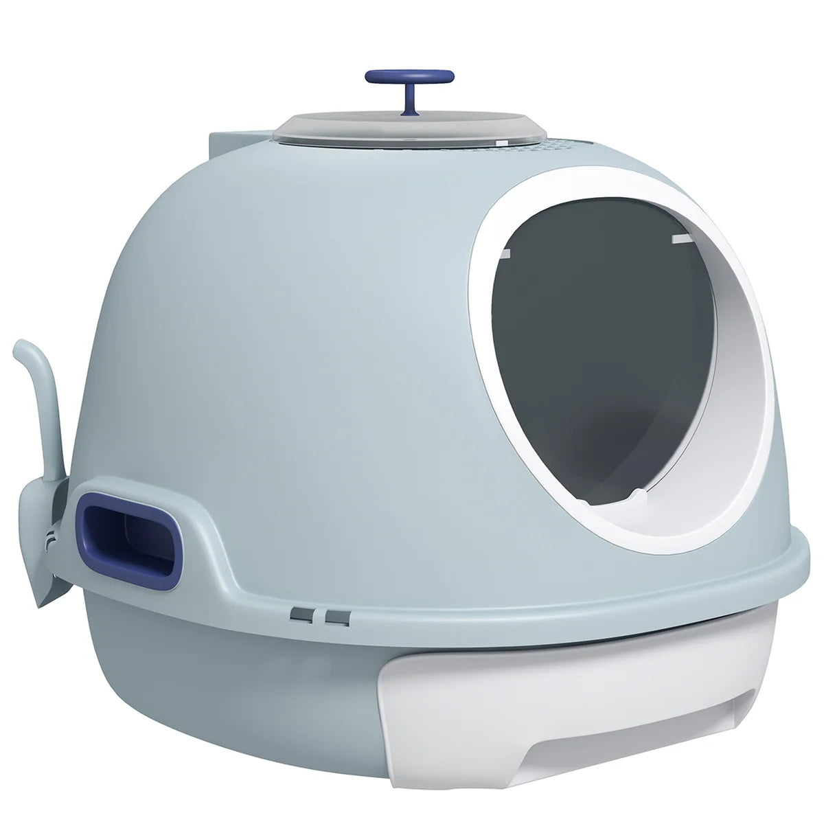 Drawer-Type Cat Litter Box with Skylight & Scoop – Tile Blue