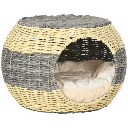 Wicker Raised Cat House with Washable Cushion – Beige & Grey | 40 × 30cm