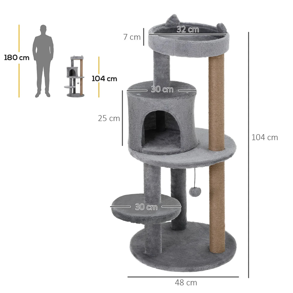 3-Tier 104cm Deluxe Cat Tree with Scratching Posts & Play Ball – Grey