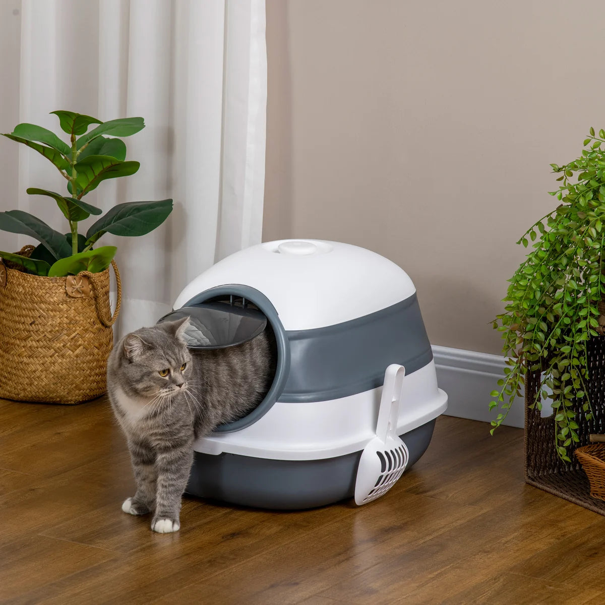 Hooded Cat Litter Tray with Lid, High Sides, Odour Control & Scoop – White & Grey