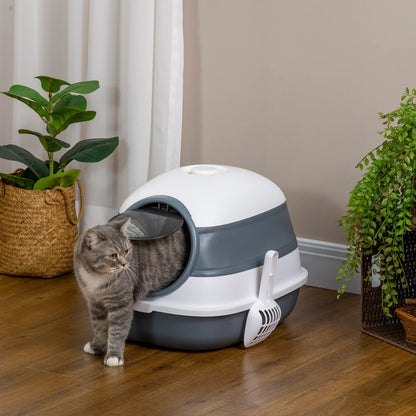 Hooded Cat Litter Tray with Lid, High Sides, Odour Control & Scoop – White & Grey