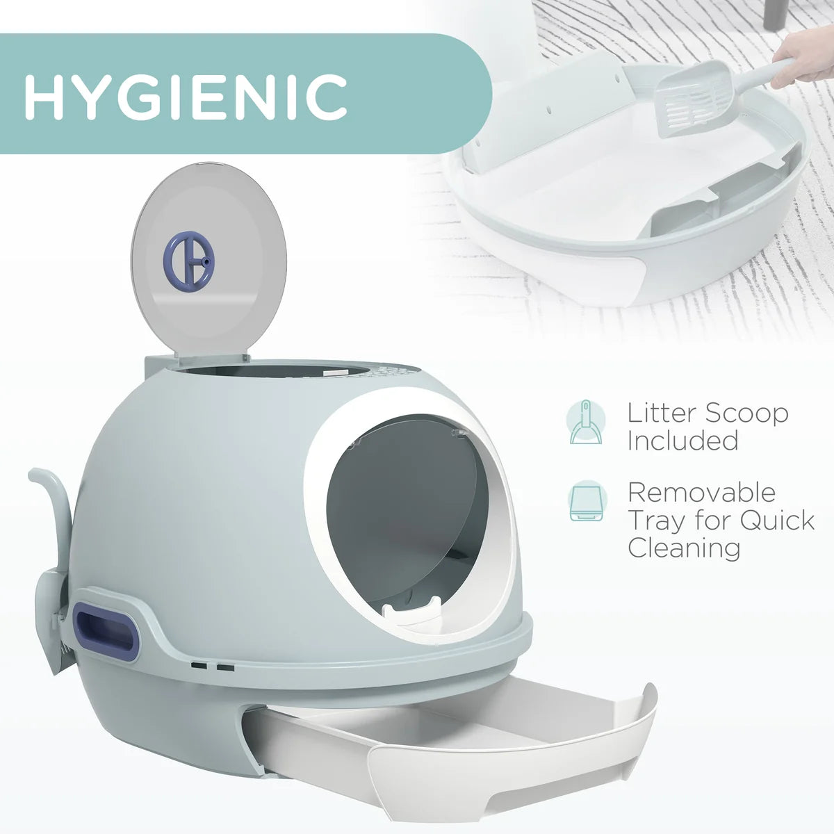 Drawer-Type Cat Litter Box with Skylight & Scoop – Tile Blue