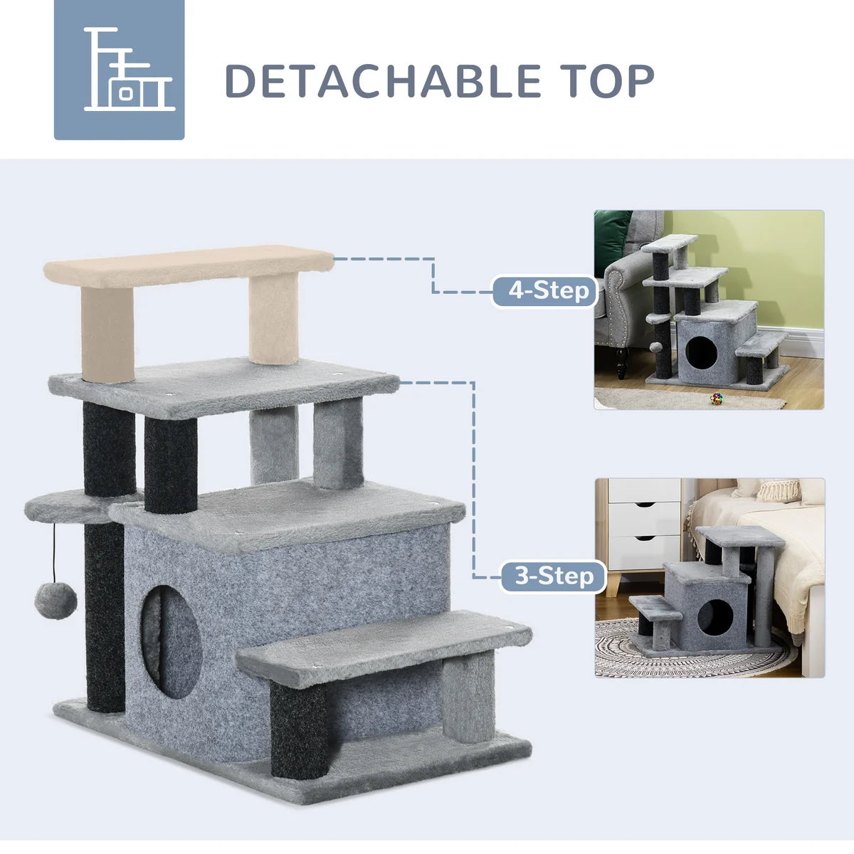 Adjustable Height 3–4 Step Cat Stairs with Detachable Cover & Hanging Ball – Grey