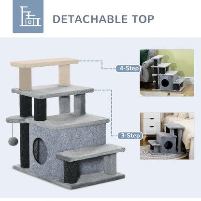 Adjustable Height 3–4 Step Cat Stairs with Detachable Cover & Hanging Ball – Grey