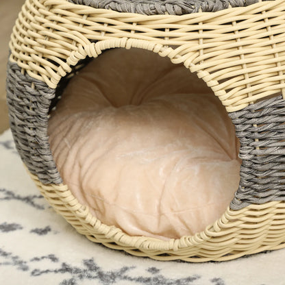 Wicker Raised Cat House with Washable Cushion – Beige & Grey | 40 × 30cm