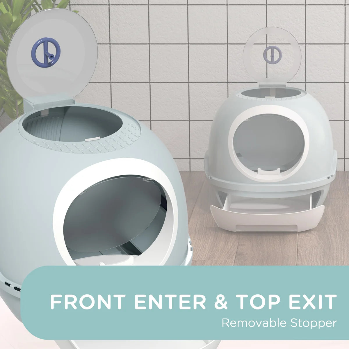 Drawer-Type Cat Litter Box with Skylight & Scoop – Tile Blue