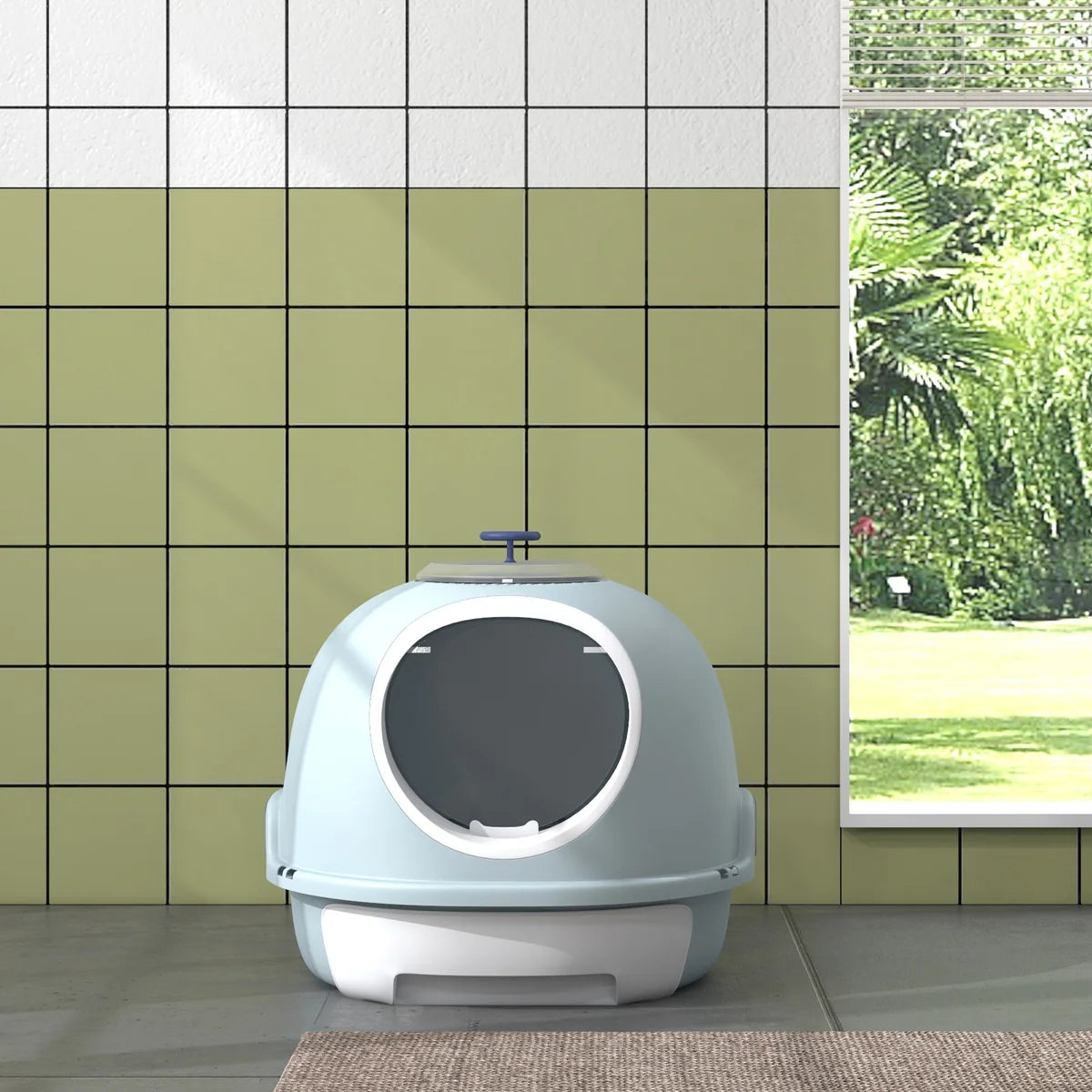 Drawer-Type Cat Litter Box with Skylight & Scoop – Tile Blue
