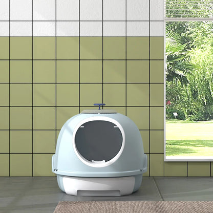 Drawer-Type Cat Litter Box with Skylight & Scoop – Tile Blue