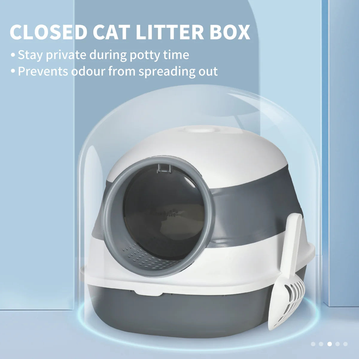 Hooded Cat Litter Tray with Lid, High Sides, Odour Control & Scoop – White & Grey