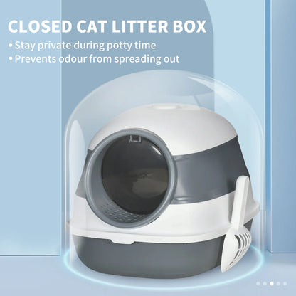 Hooded Cat Litter Tray with Lid, High Sides, Odour Control & Scoop – White & Grey