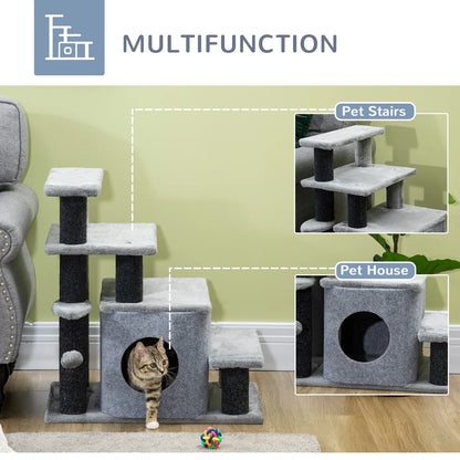 Adjustable Height 3–4 Step Cat Stairs with Detachable Cover & Hanging Ball – Grey