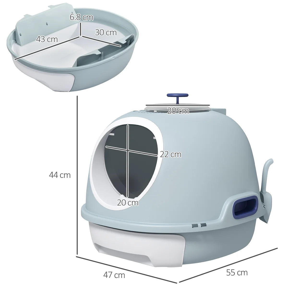 Drawer-Type Cat Litter Box with Skylight & Scoop – Tile Blue