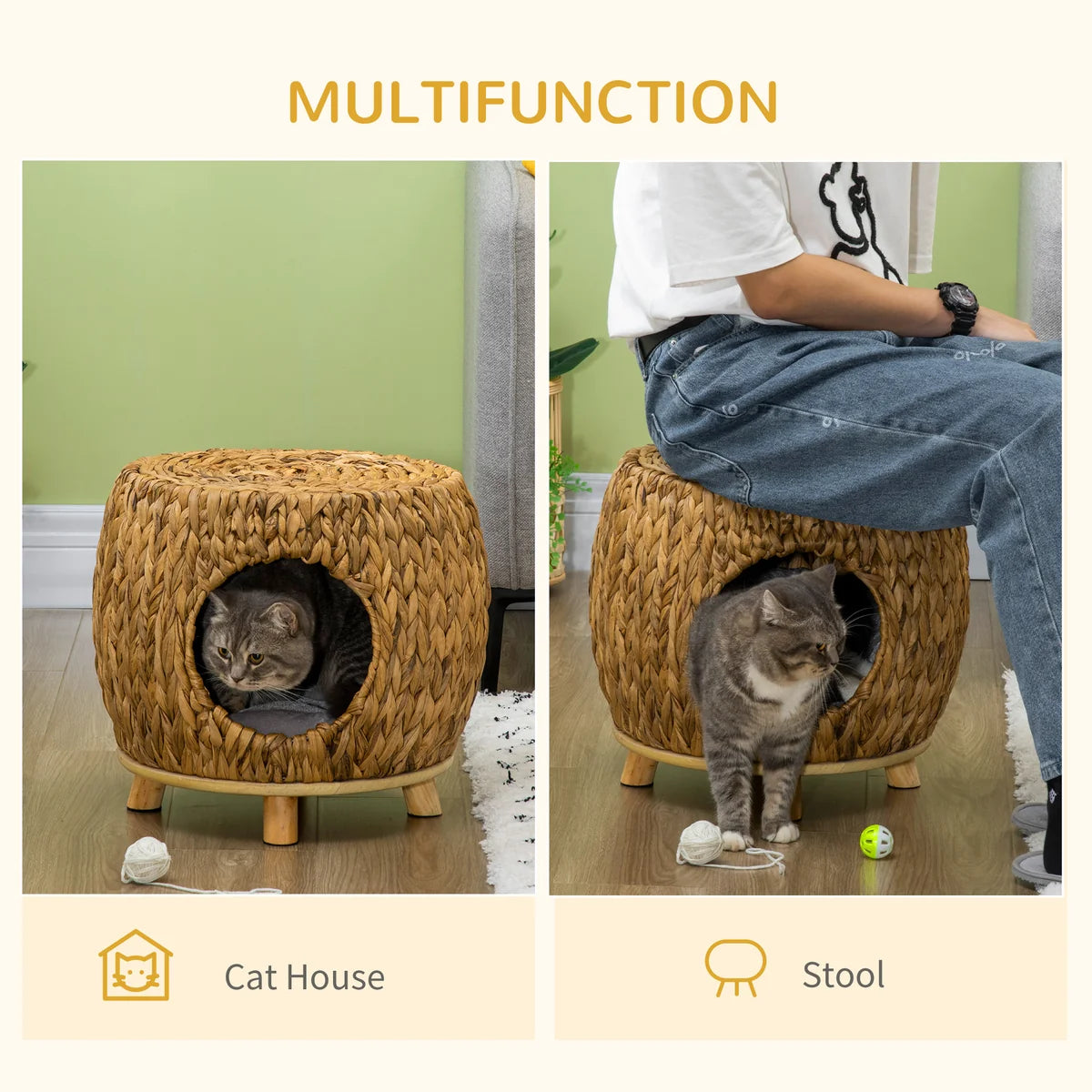 Wicker Cat Cave & Stool with Washable Cushion – Light Brown | 44 × 43 × 41cm