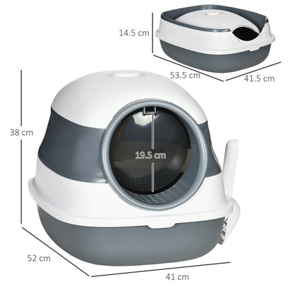 Hooded Cat Litter Tray with Lid, High Sides, Odour Control & Scoop – White & Grey