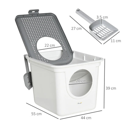 Enclosed Cat Litter Box with Front & Top Entry, Scoop Included – White