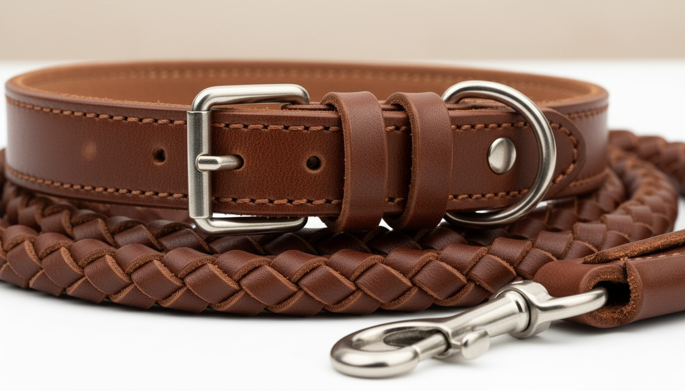 Leather Dog Collar and Lead Set – Braided Heavy Duty Leash for Dogs