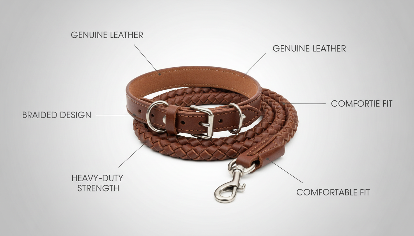 Braided Leather Dog Collar and Leash Set for Medium & Large Dogs