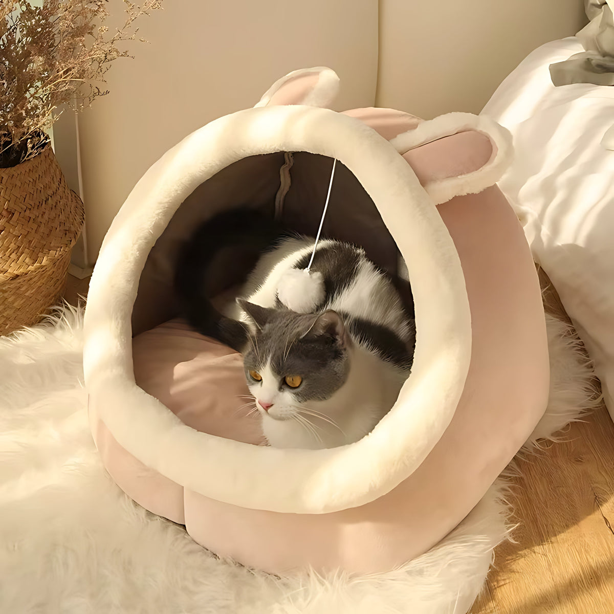 Plush Cat Cave Bed – Cozy Enclosed Pet Sleeping Den