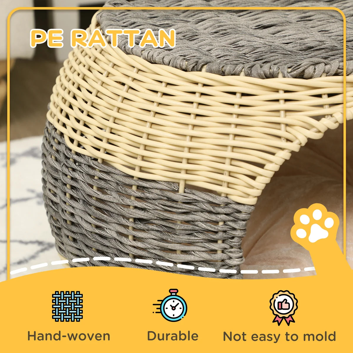 Wicker Raised Cat House with Washable Cushion – Beige & Grey | 40 × 30cm