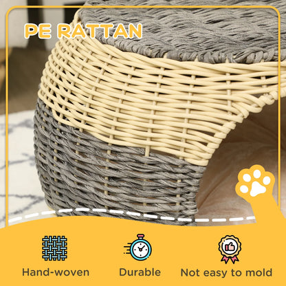 Wicker Raised Cat House with Washable Cushion – Beige & Grey | 40 × 30cm