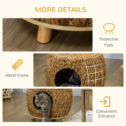 Wicker Cat Cave & Stool with Washable Cushion – Light Brown | 44 × 43 × 41cm