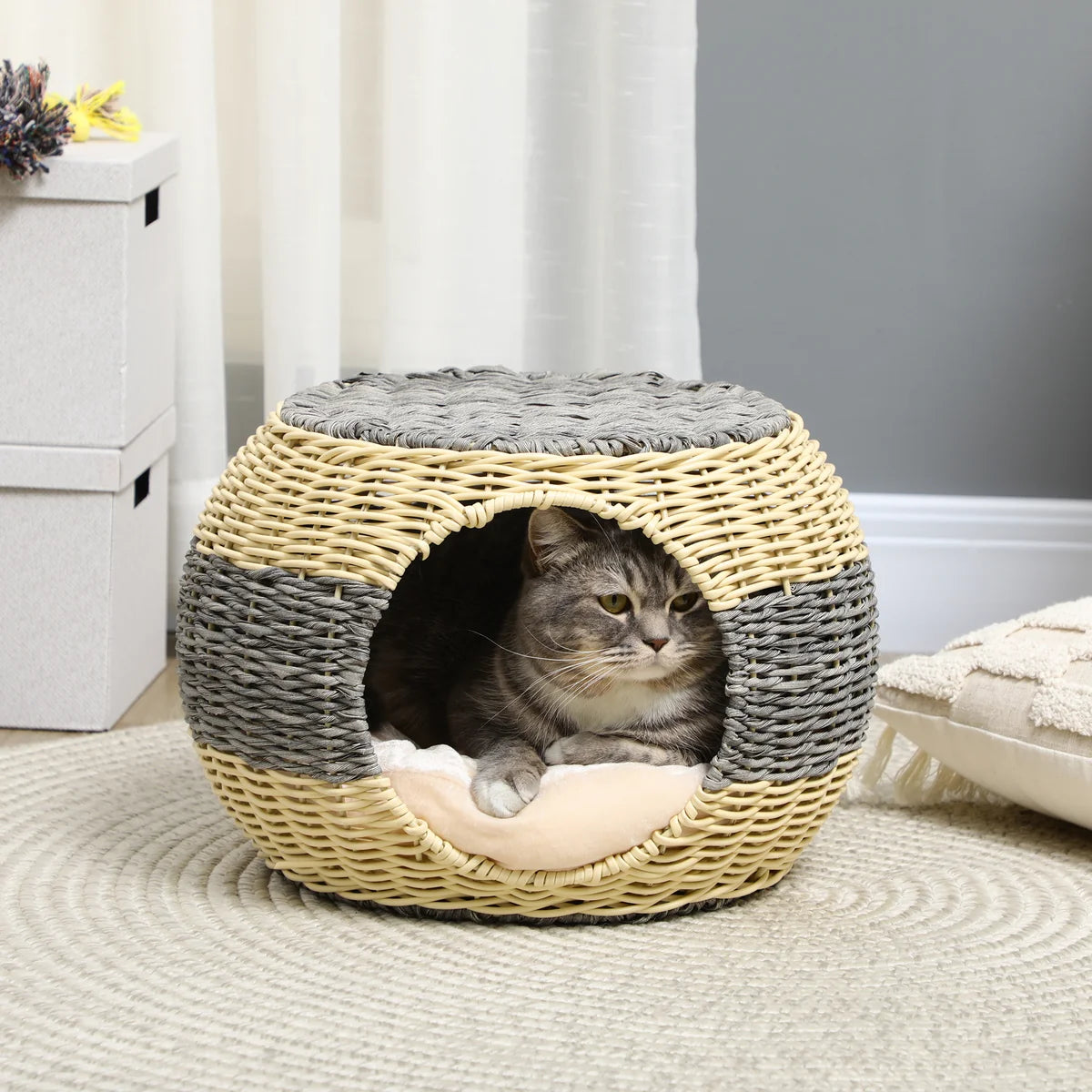 Wicker Raised Cat House with Washable Cushion – Beige & Grey | 40 × 30cm