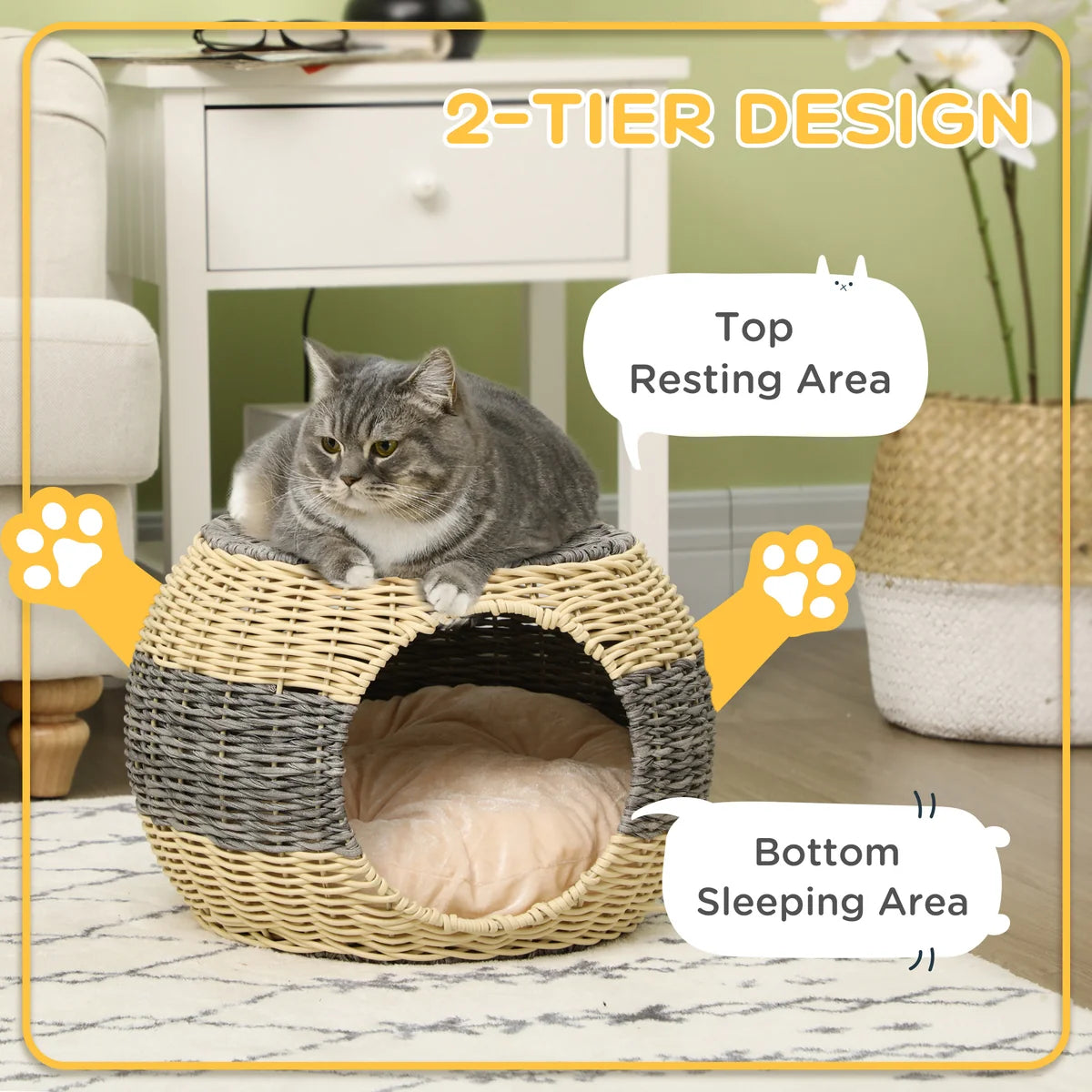 Wicker Raised Cat House with Washable Cushion – Beige & Grey | 40 × 30cm