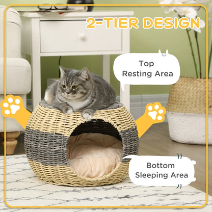 Wicker Raised Cat House with Washable Cushion – Beige & Grey | 40 × 30cm