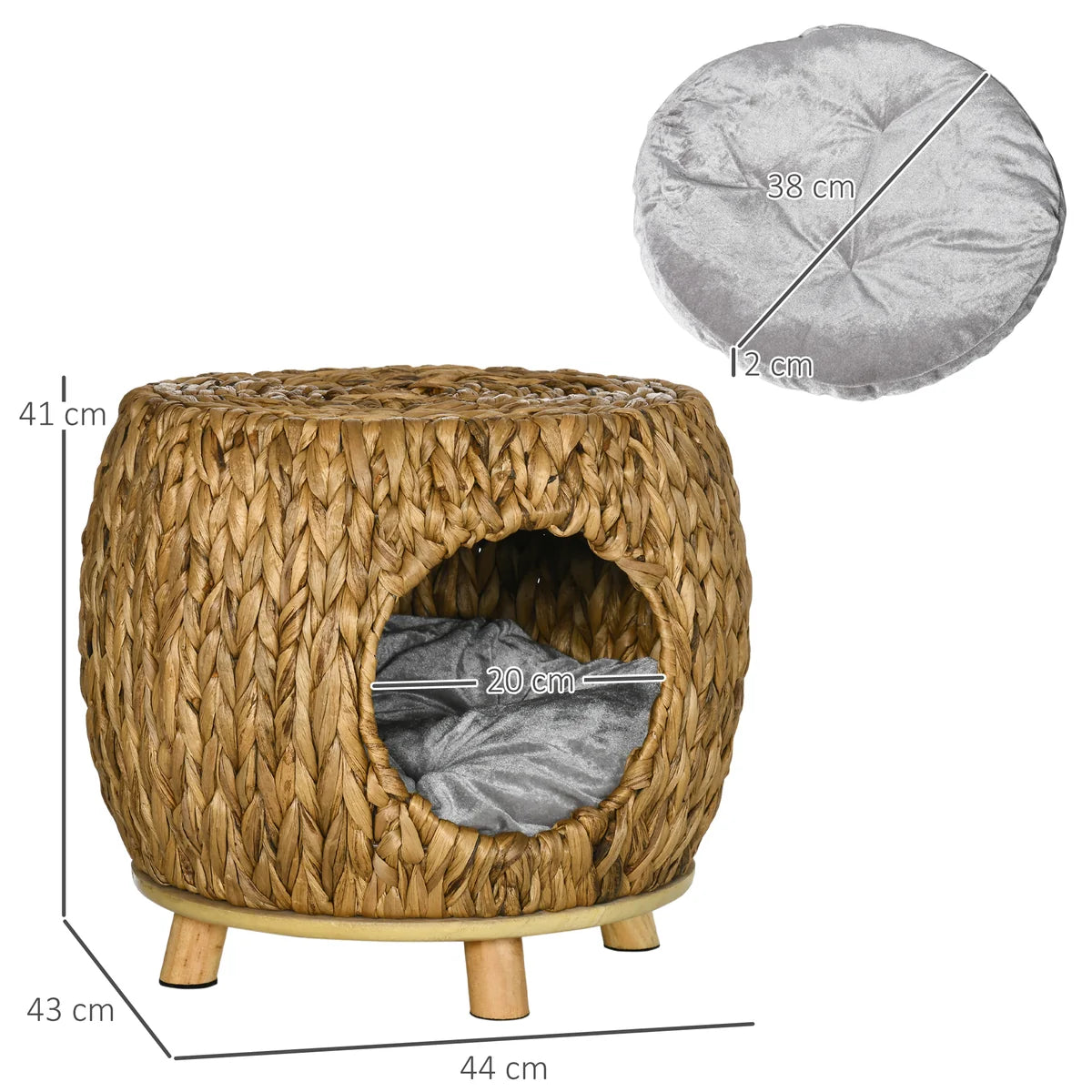 Wicker Cat Cave & Stool with Washable Cushion – Light Brown | 44 × 43 × 41cm