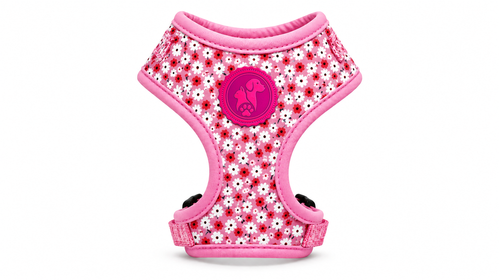 Pink Floral Adjustable Dog Harness – Breathable Comfortable Walking Vest for Dogs