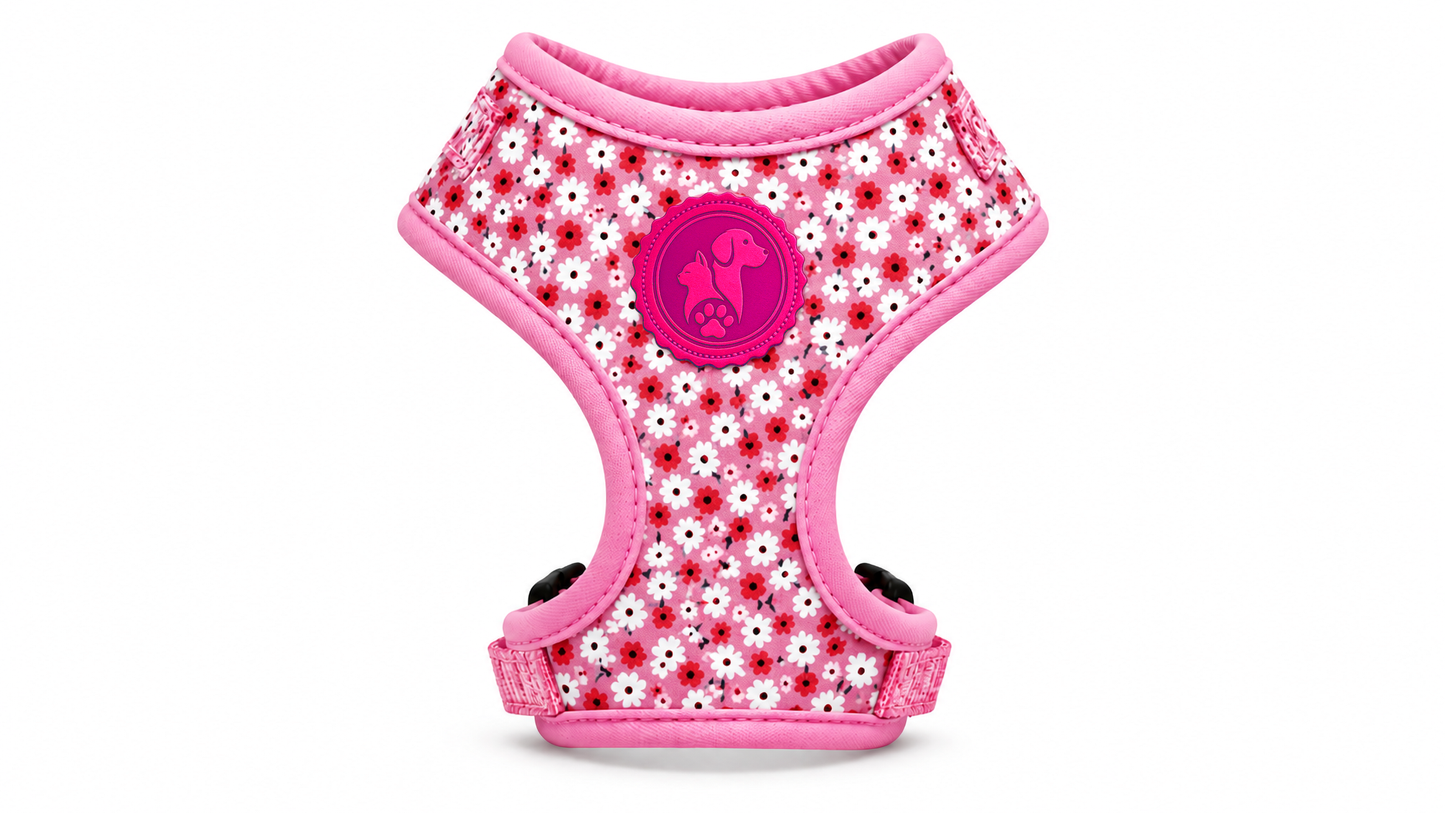 Pink Floral Dog Harness Vest – Adjustable & Breathable