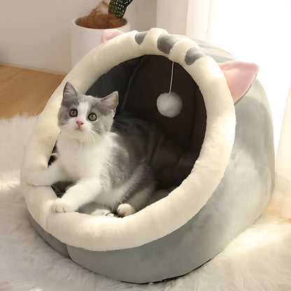 Plush Cat Cave Bed – Luxury Enclosed Sleeping House for Small Pets