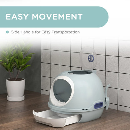 Drawer-Type Cat Litter Box with Skylight & Scoop – Tile Blue