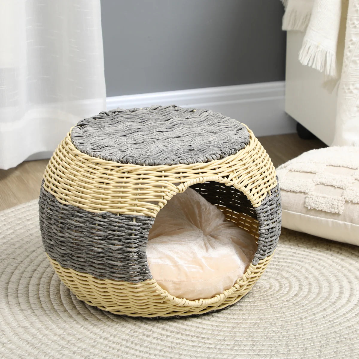 Wicker Raised Cat House with Washable Cushion – Beige & Grey | 40 × 30cm