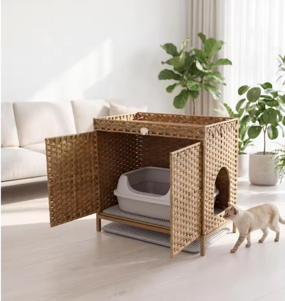 Hidden Cat Litter Box Enclosure Cabinet with Litter Mats – Natural Rattan