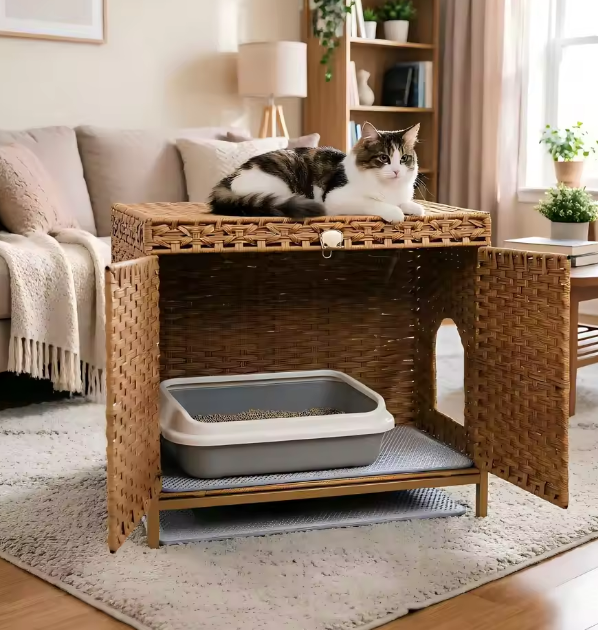 Hidden Cat Litter Box Enclosure Cabinet with Litter Mats – Natural Rattan