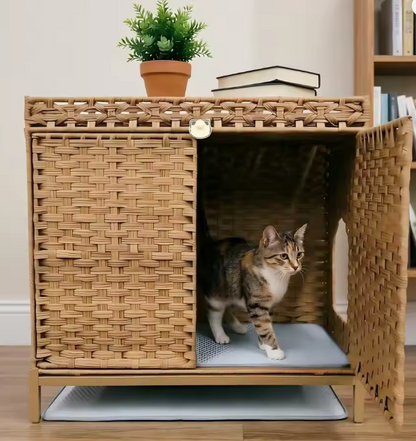 Hidden Cat Litter Box Enclosure Cabinet with Litter Mats – Natural Rattan