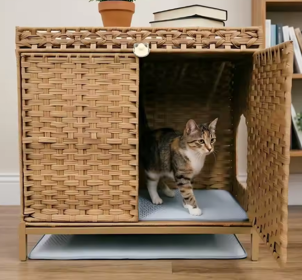 Hidden Cat Litter Box Enclosure Cabinet with Litter Mats – Natural Rattan