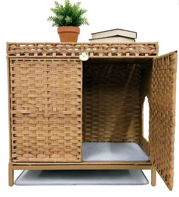 Hidden Cat Litter Box Enclosure Cabinet with Litter Mats – Natural Rattan