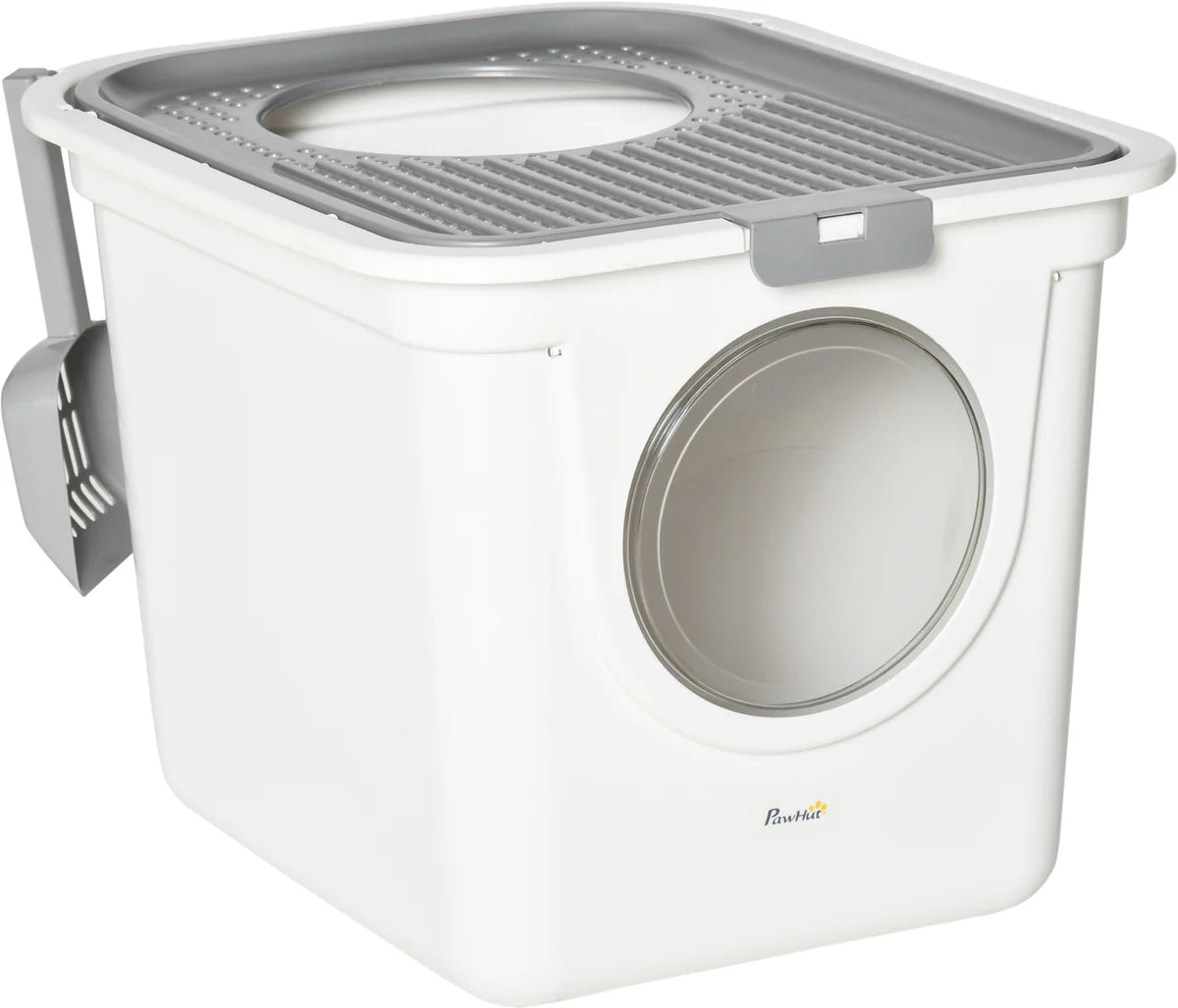 Enclosed Cat Litter Box with Front & Top Entry, Scoop Included – White