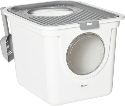 Enclosed Cat Litter Box with Front & Top Entry, Scoop Included – White