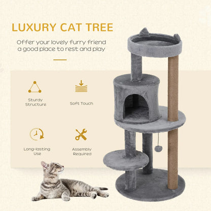 3-Tier 104cm Deluxe Cat Tree with Scratching Posts & Play Ball – Grey