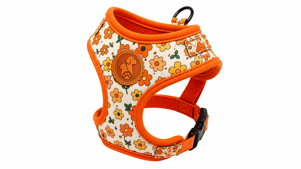Orange Floral Adjustable Dog Harness – Breathable Comfortable Walking Vest for Dogs