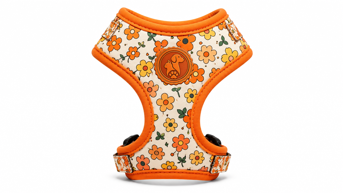 Orange Floral Adjustable Dog Harness Vest – Breathable