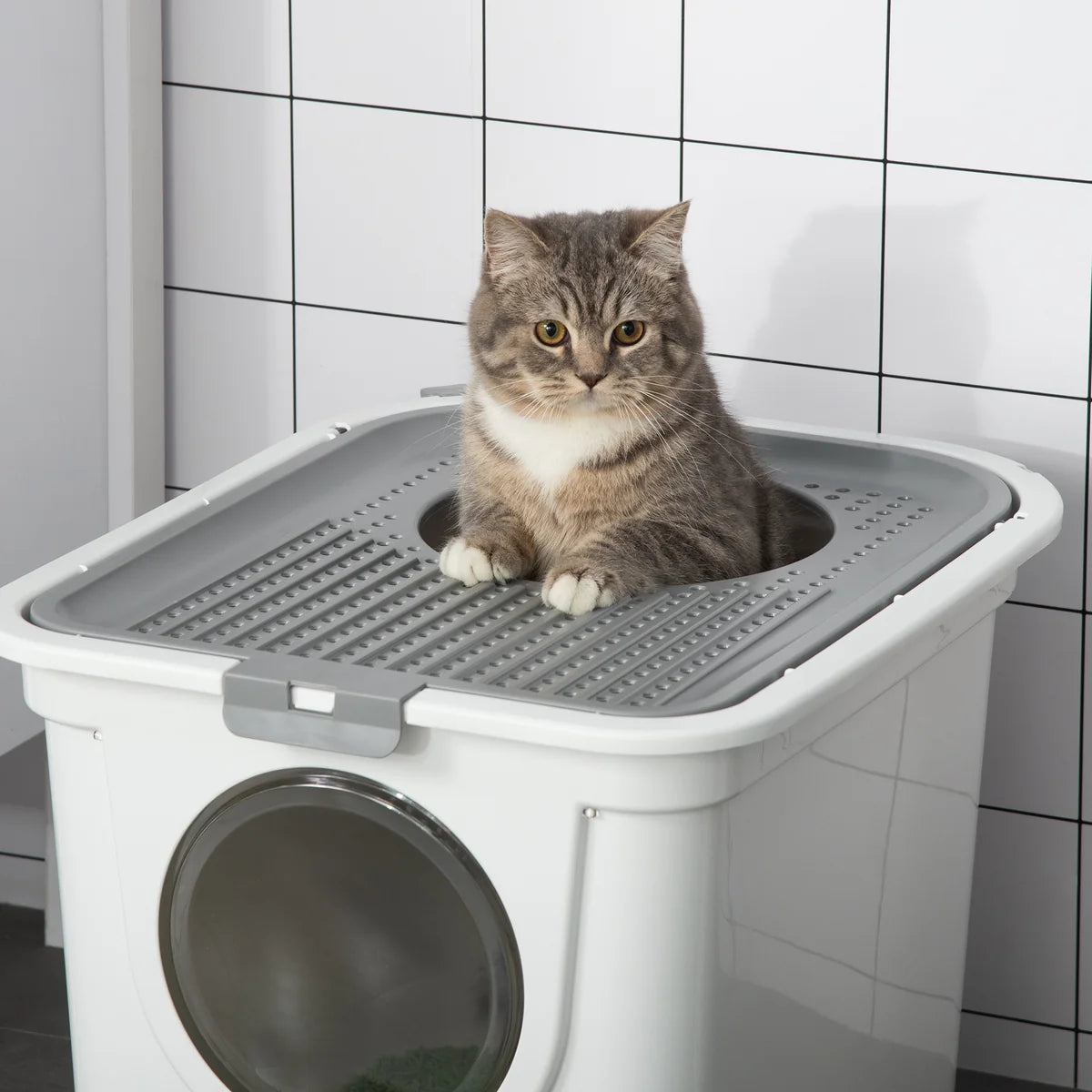Enclosed Cat Litter Box with Front & Top Entry, Scoop Included – White
